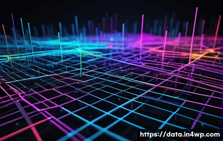 프로그래밍 언어별 그래프 데이터베이스 활용 예시 - A high-tech visualization of a graph database structure showing interconnected nodes and edges, glow...